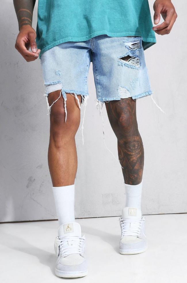 RELAXED FIT MULTI RIP FRAYED HEM DENIM SHORT