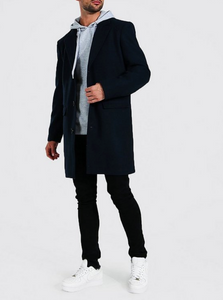 SINGLE BREASTED NAVY WOOL MIX OVERCOAT