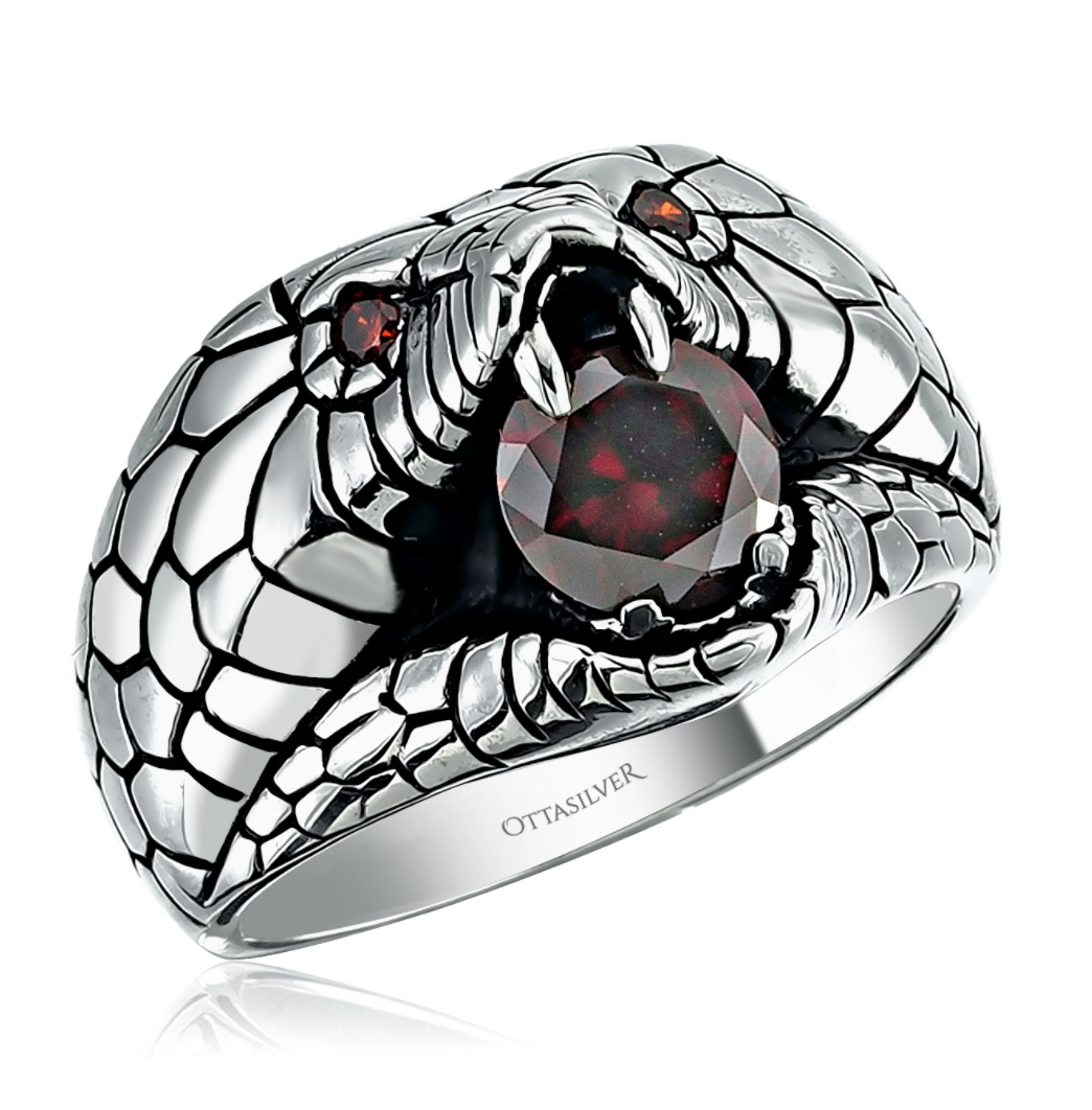 Silver Cobra Snake Ring with Red Zircon