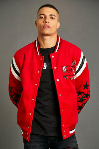 WOOL LOOK PIN BADGE VARSITY JACKET